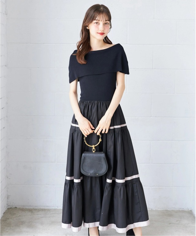 新品 toccocloset 配色ラインニットドッキングティアードワンピース 配色ラインニットドッキングティアードワンピース