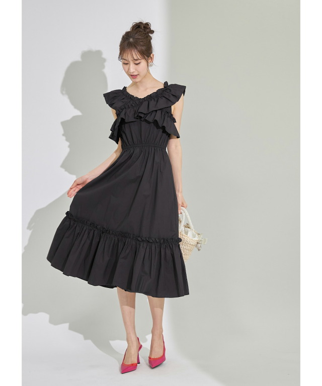 華やかな存在感☆フリル付きクロスカシュクールマキシワンピース 