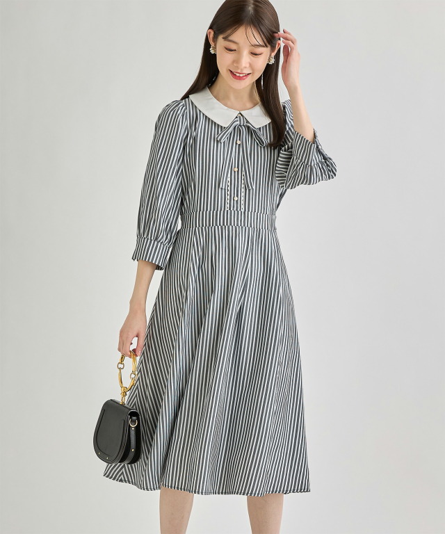 2WAYりぼん付き白襟ストライプワンピース 