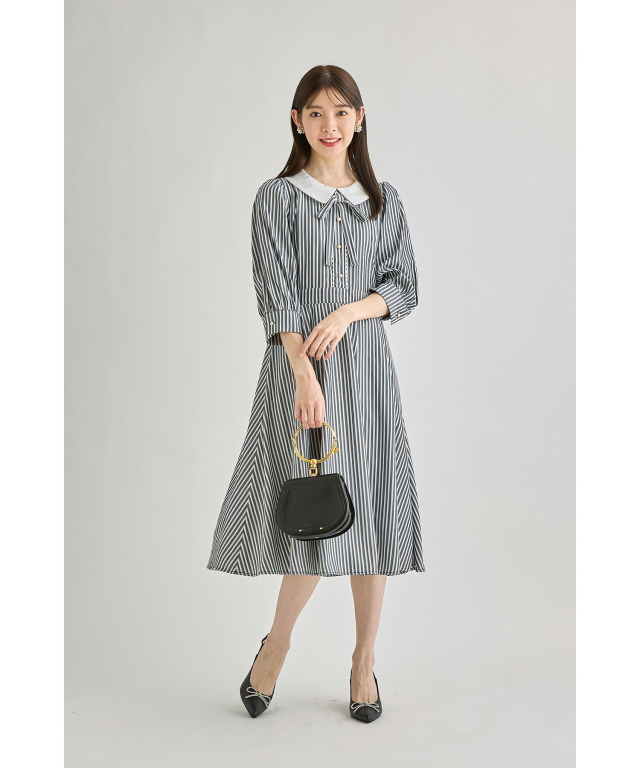 2WAYりぼん付き白襟ストライプワンピース 