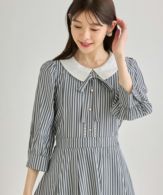 2WAYりぼん付き白襟ストライプワンピース 