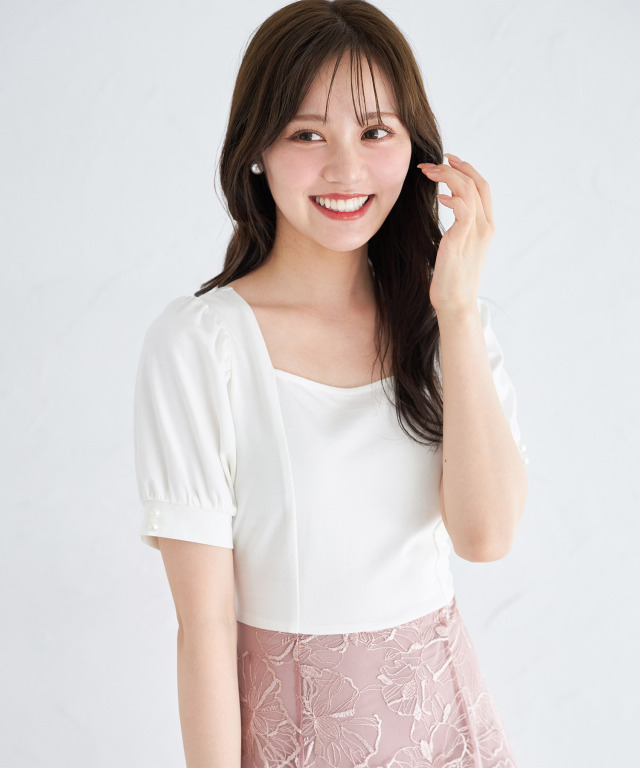 袖口パール付きフラワーレース切り替えドッキングワンピース 