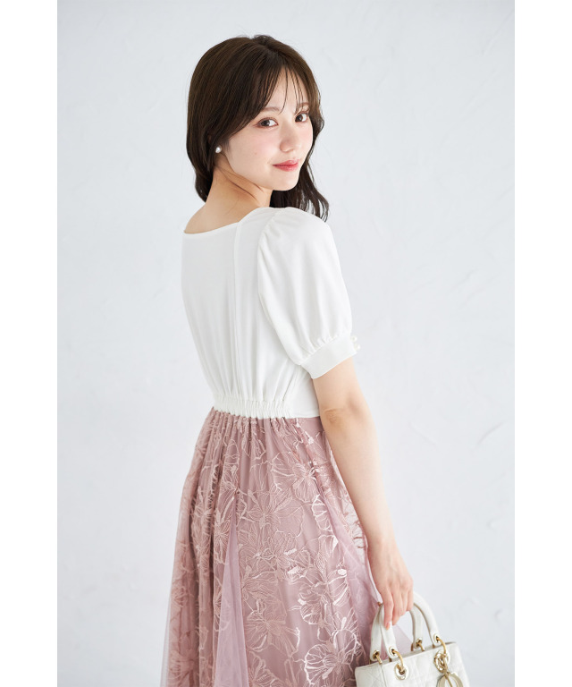 袖口パール付きフラワーレース切り替えドッキングワンピース 