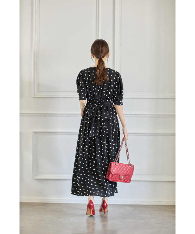 ウエストりぼん付き袖口パール装飾ハートプリントカシュクールワンピース 