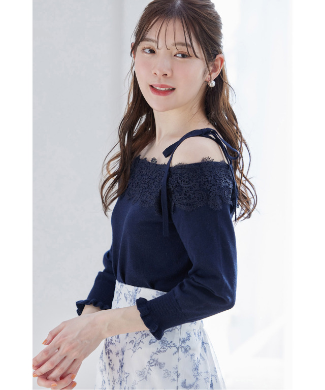 リズリサ　ケープ風　オフショル　ブラウス　プルオーバー　トップス　レース レースアップスリーブオフショルニット ｜ LIZ LISA（リズリサ