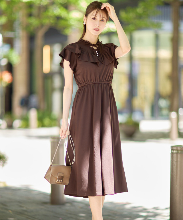 りぼん付きパール釦フリルワンピース 