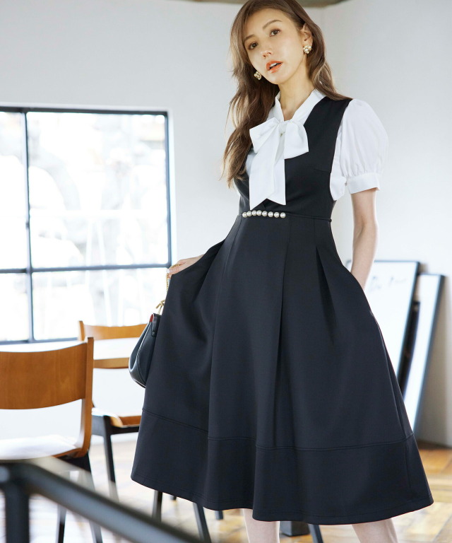 大人女子の理想style ポケット付きウエストパール装飾タック入りジャンパースカート