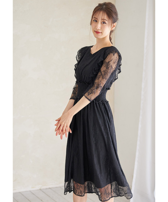 フリル付きウエストシャーリングチュールレースワンピース≪Ceremony  