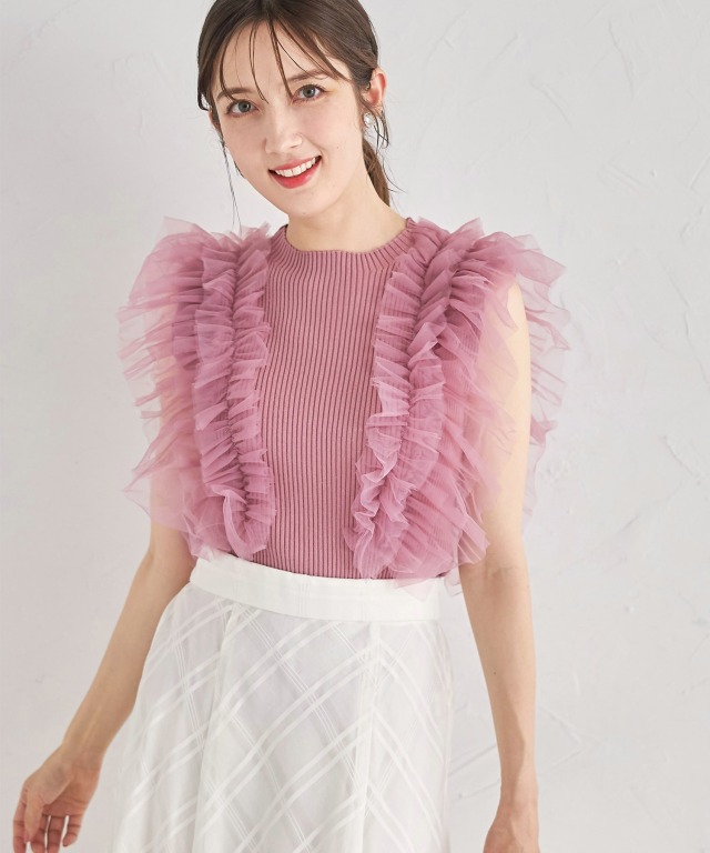 ぴーこさま専用 チュールフリル付きリブニットプルオーバー