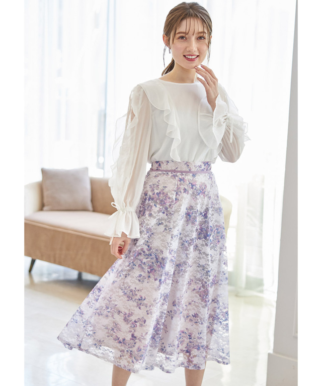 ウエストライン入りフラワープリントレースフレアスカート≪Early  