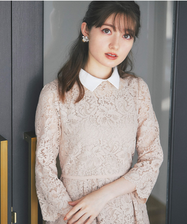 取り外し可能な襟付きウエストりぼんスカラップフラワーレースワンピース Pinks2ayaさんコラボ