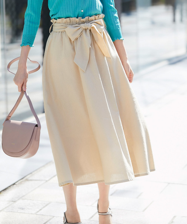 誰よりも大人かわいく☆ウエストりぼん付き無地フレアスカート 