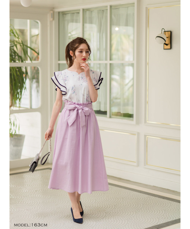 誰よりも大人かわいく☆ウエストりぼん付き無地フレアスカート 