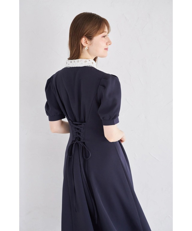 レース襟付きパール釦ウエストタックワンピース