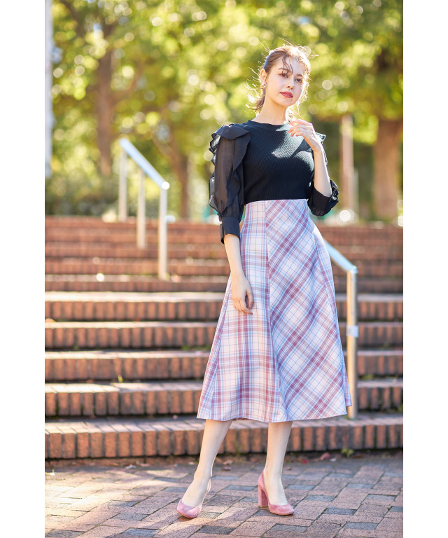 チェック柄切り替えフレアスカート 