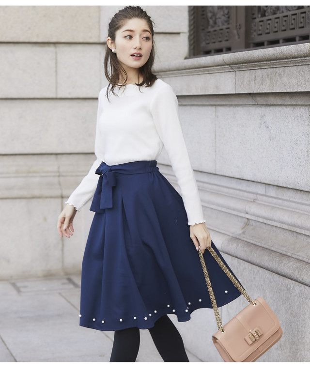 裾パール付き2WAYウエストりぼんフレアスカート 【tiesar ティサー  