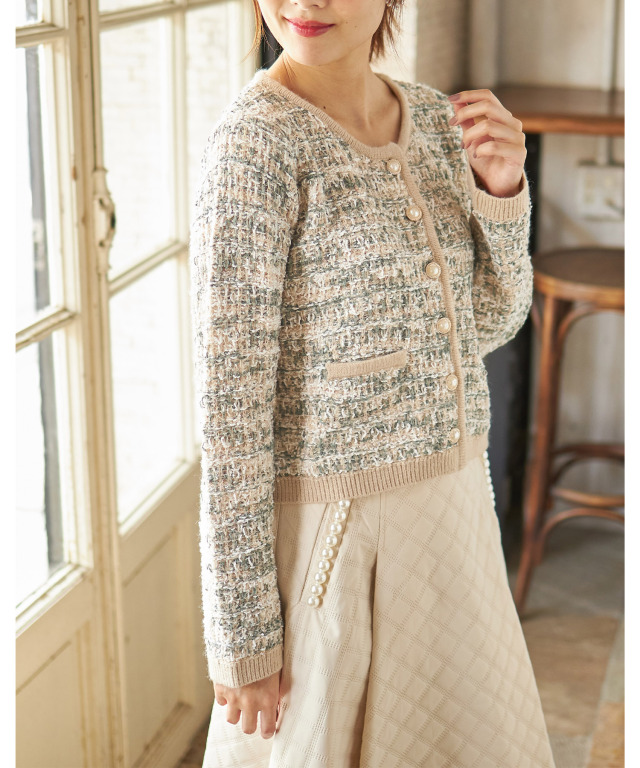 フェイクポケット付きパール釦ツイードライクニットカーディガン