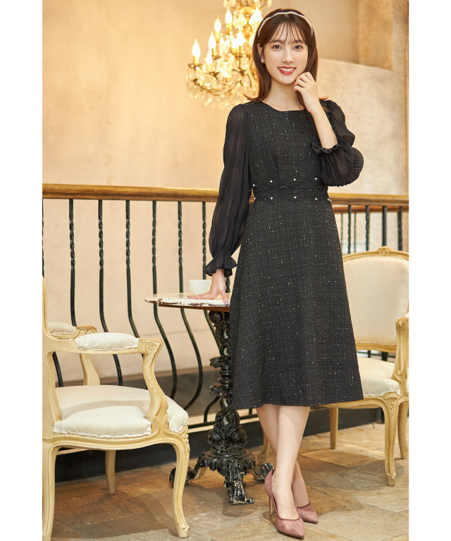 シャーリングプリーツスリーブ切替ウエストフラワーレース装飾ツイード  