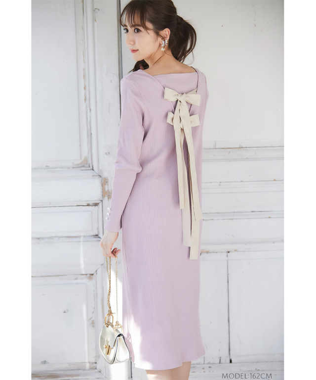 袖口パール付き後ろりぼんハートネックリブカットワンピース 