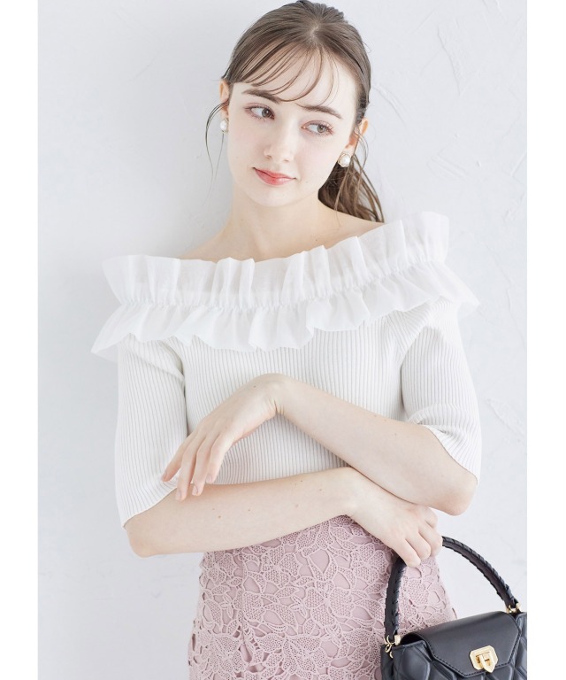 2WAYフリルオフショル付きリブニットプルオーバー 