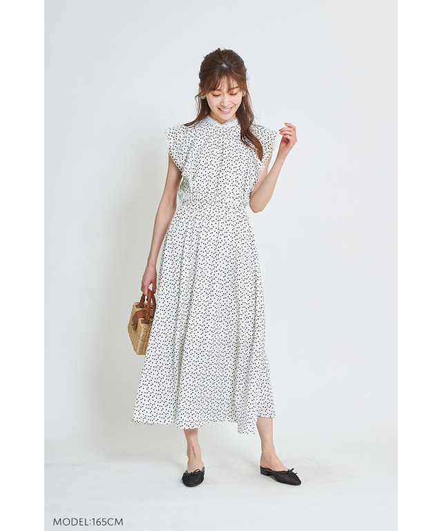 美品】プリーツプリーズ 変形袖 ドット柄 マキシ丈ワンピース メッシュ 