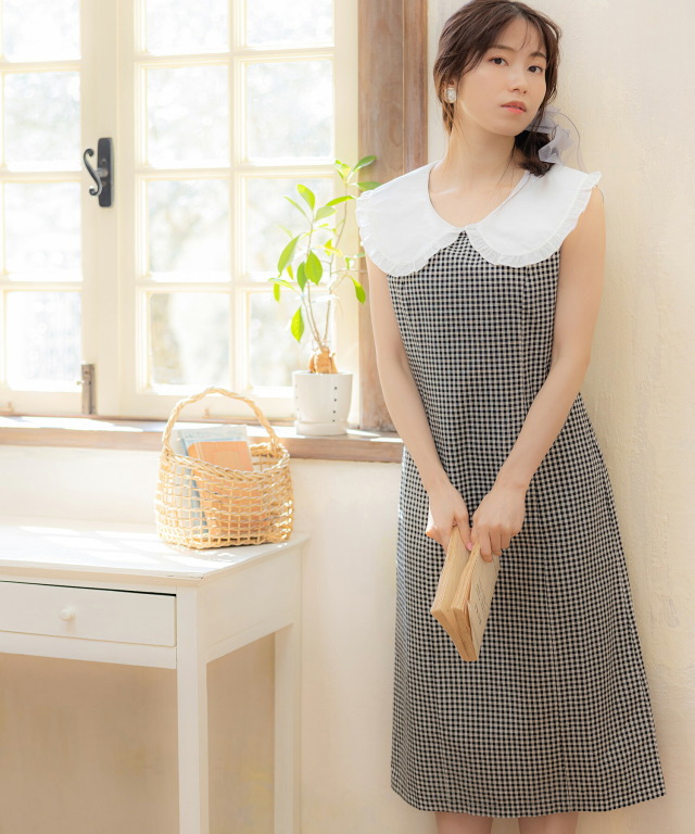 フリルビックカラー付き麻ギンガムチェック柄ワンピース