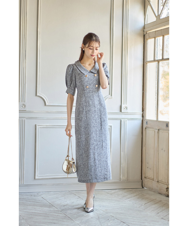 襟付きゴールド飾りボタン装飾ツイードワンピース 
