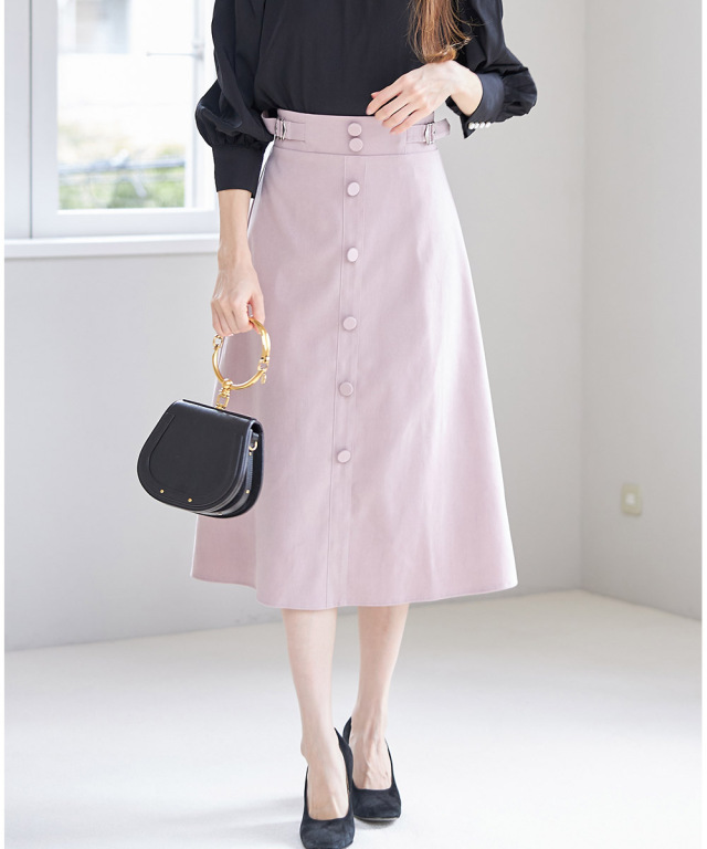 サイドベルト付きフロント飾り釦トレンチライクフレアスカート 