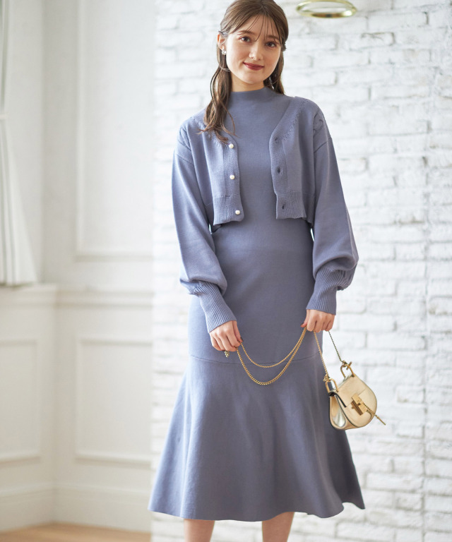 パール釦ニットカーディガン ノースリーブマーメイドニットワンピースｓｅｔ