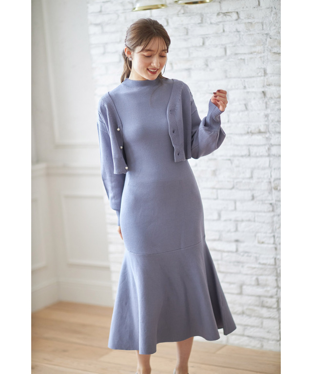 パール釦ニットカーディガン×ノースリーブマーメイドニットワンピース  