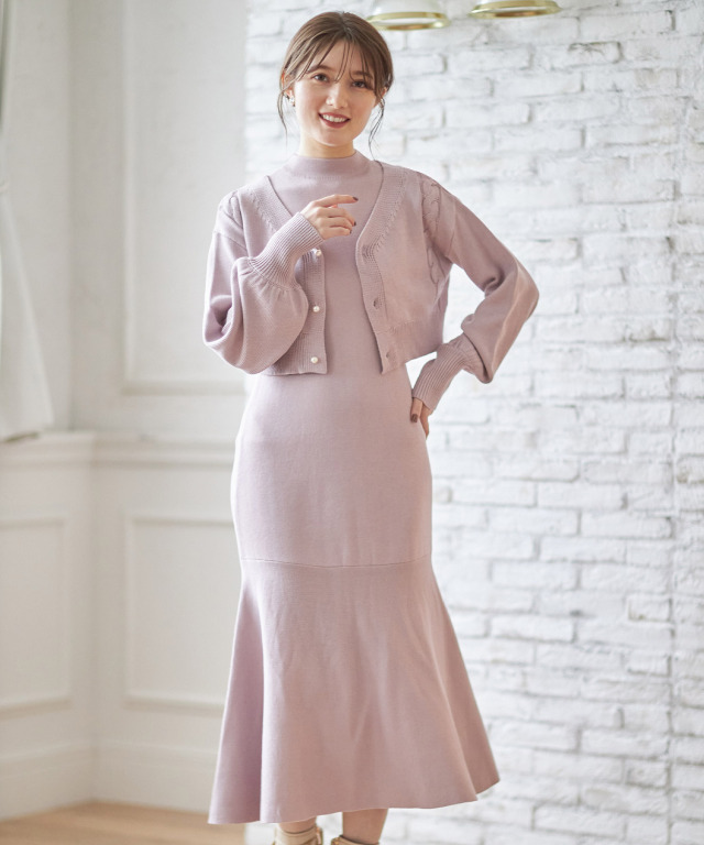パール釦ニットカーディガン×ノースリーブマーメイドニットワンピース  