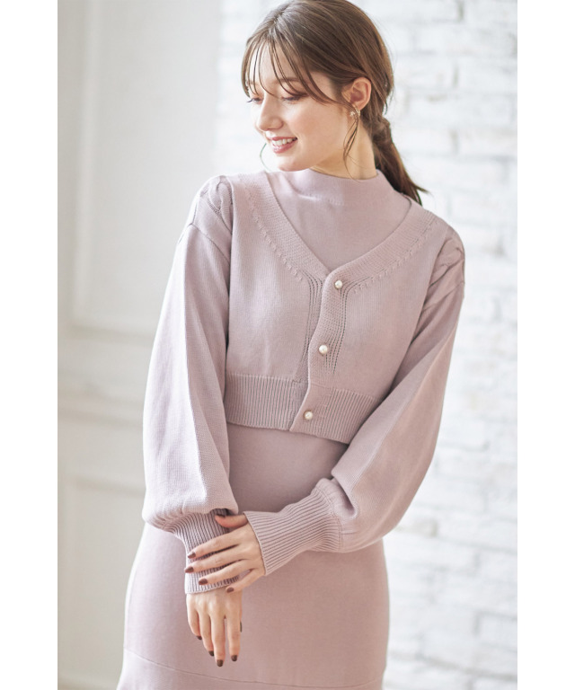 パール釦ニットカーディガン×ノースリーブマーメイドニットワンピース  