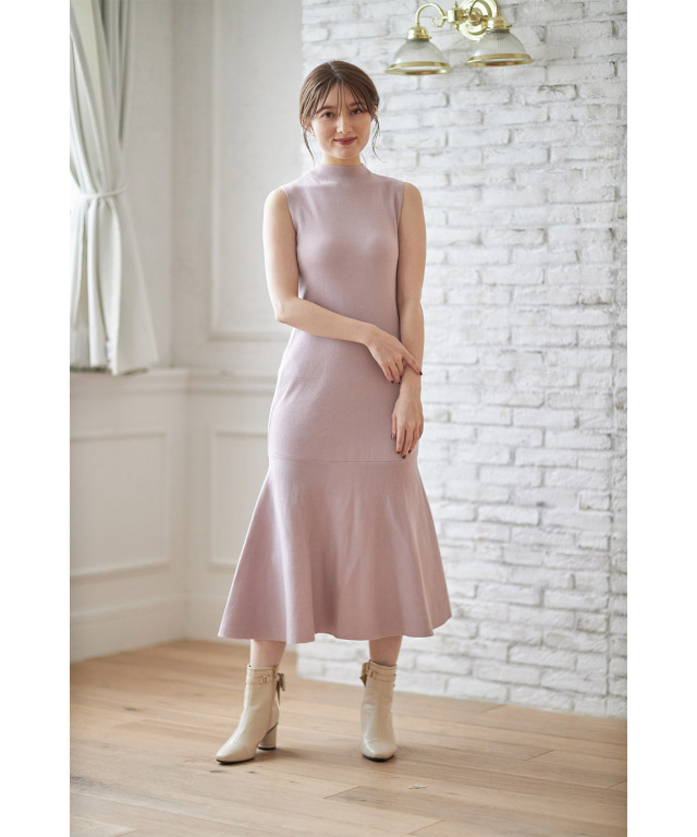 パール釦ニットカーディガン×ノースリーブマーメイドニットワンピース  