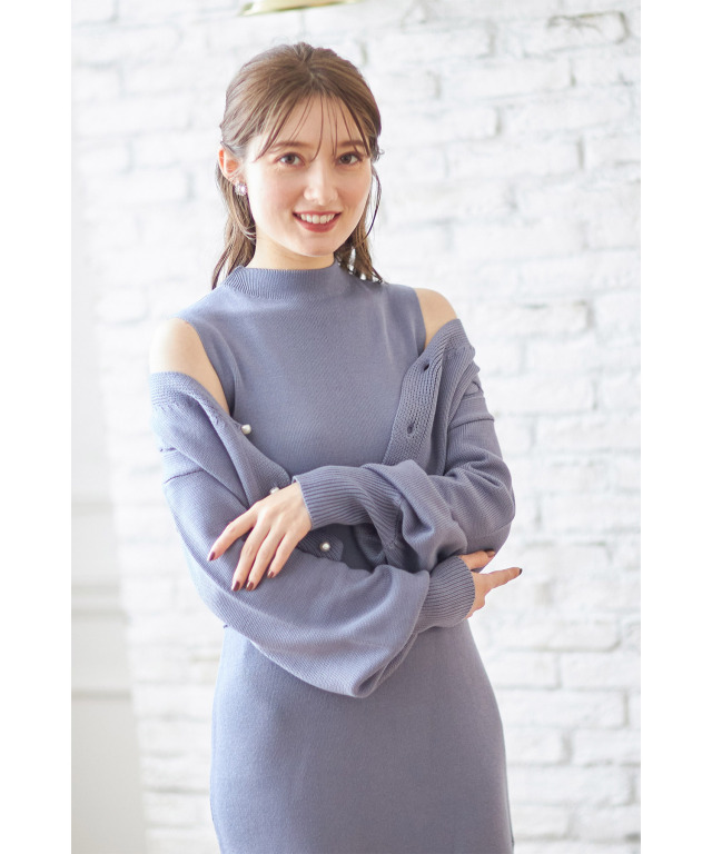 パール釦ニットカーディガン×ノースリーブマーメイドニットワンピース  