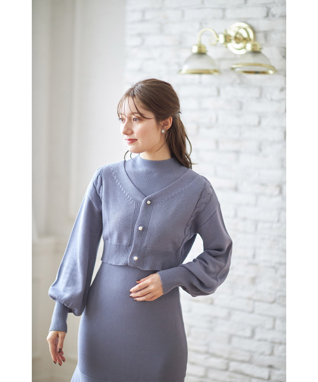 パール釦ニットカーディガン×ノースリーブマーメイドニットワンピース  