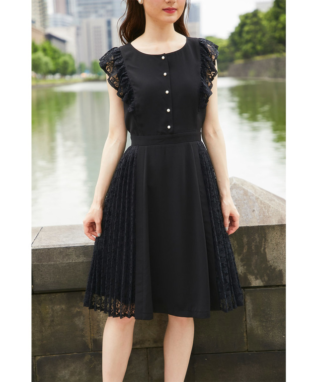 新生レディスタイル！フラワーレース切替パール釦ノースリーブワンピース 