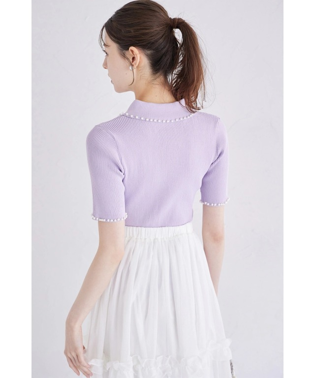 襟付きパール装飾リブニットプルオーバー