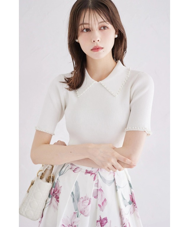 襟付きパール装飾リブニットプルオーバー