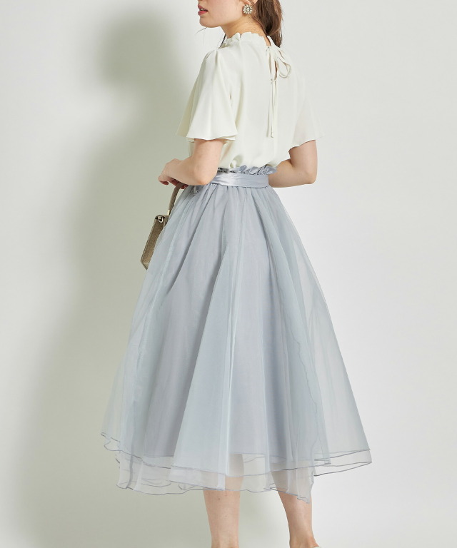 ウエストりぼん付きチュールオーガンジー令嬢スカート 