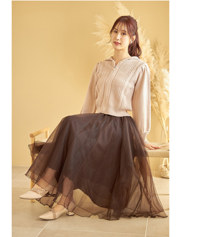 ウエストりぼん付きチュールオーガンジー令嬢スカート 