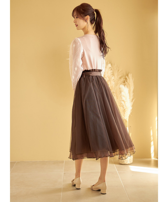 ウエストりぼん付きチュールオーガンジー令嬢スカート 