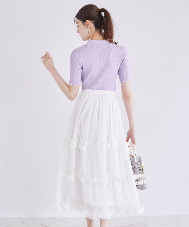 フリル付きホワイトラベンダースカート ストレッチタックスカート/ラベンダー | Factelier (ファクトリエ)