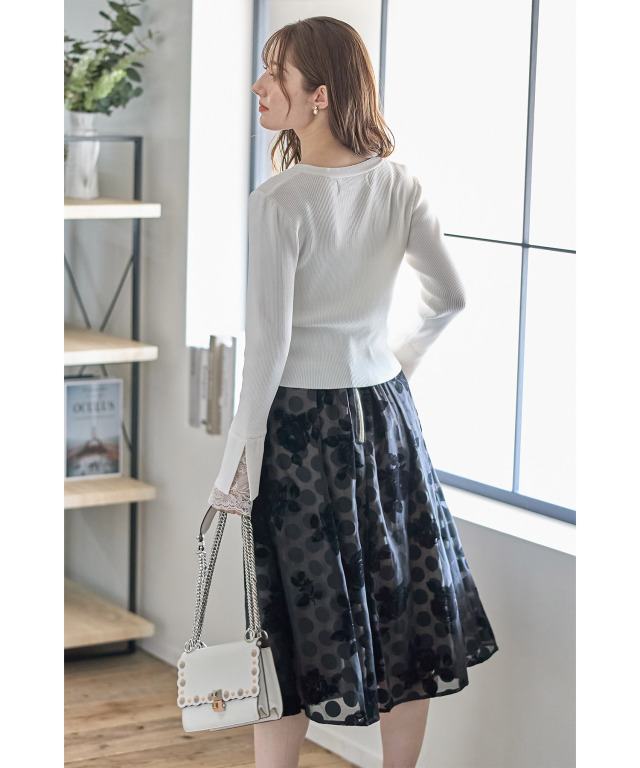 Martinique可愛い水玉 刺繍ドットジャカードフレアスカート ブラック美品 SALE】ドット刺繍フレアスカート - 12Twelve Agenda(トゥエルブ