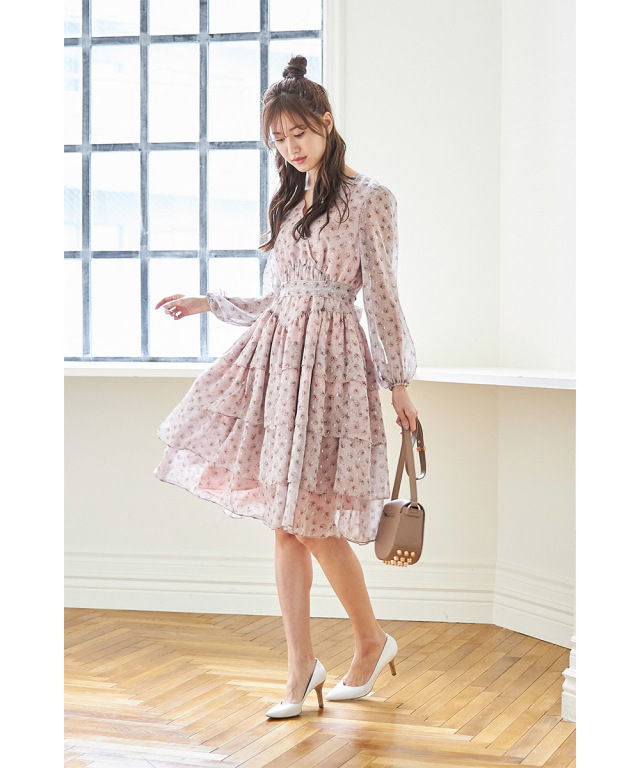 ウエストりぼん付きフラワープリントカシュクールワンピース 