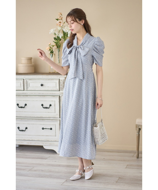 ボウタイリボンパワーショルダーフラワープリントワンピース