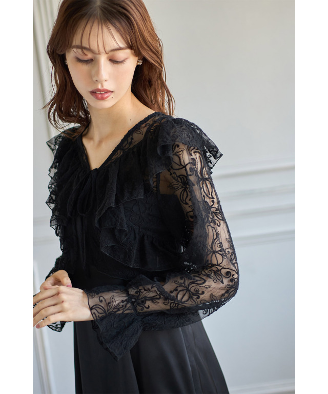 りぼん付きラッフルフリルチュール刺繍ボレロ