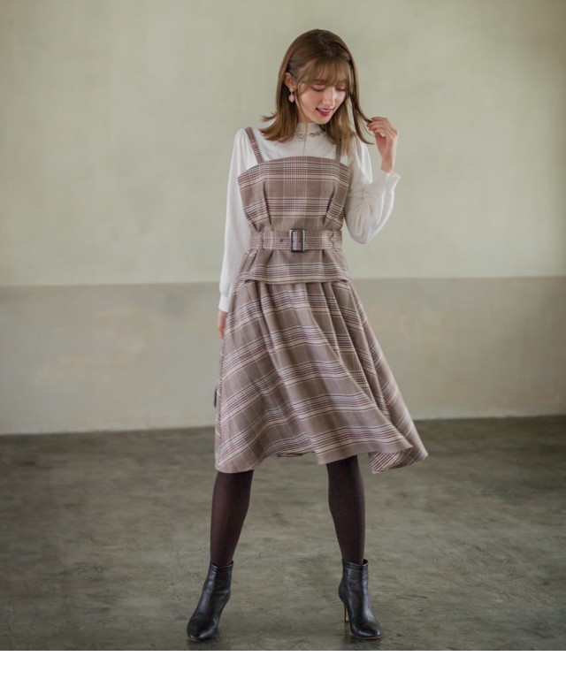 着映え感満点ベルトつきグレンチェック柄セットアップ【vetine  