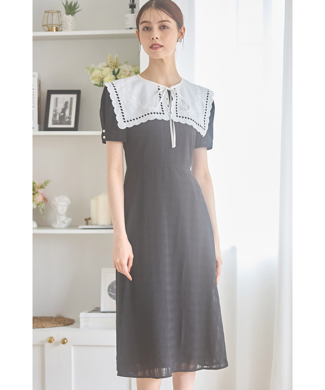2WAY刺繍ビックカラー付きバックレースアップシアーチェックワンピース