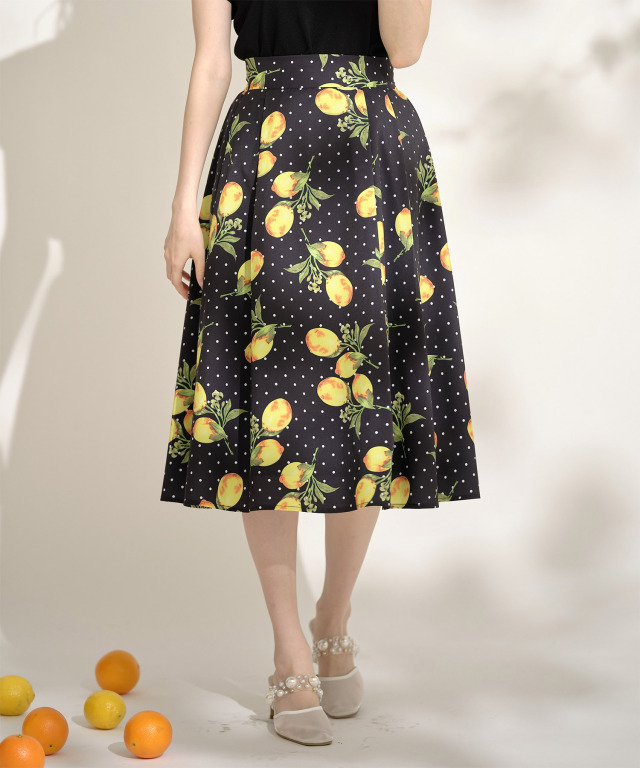 ドット×レモンプリントフレアスカート