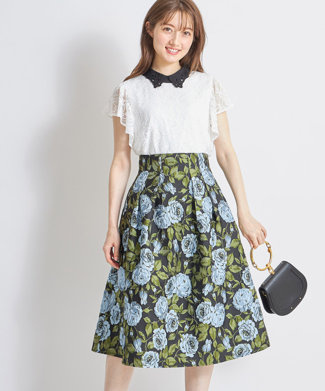 瞬時に鮮度UP！カットワーク刺?襟×レース切り替えバイカラーブラウス 